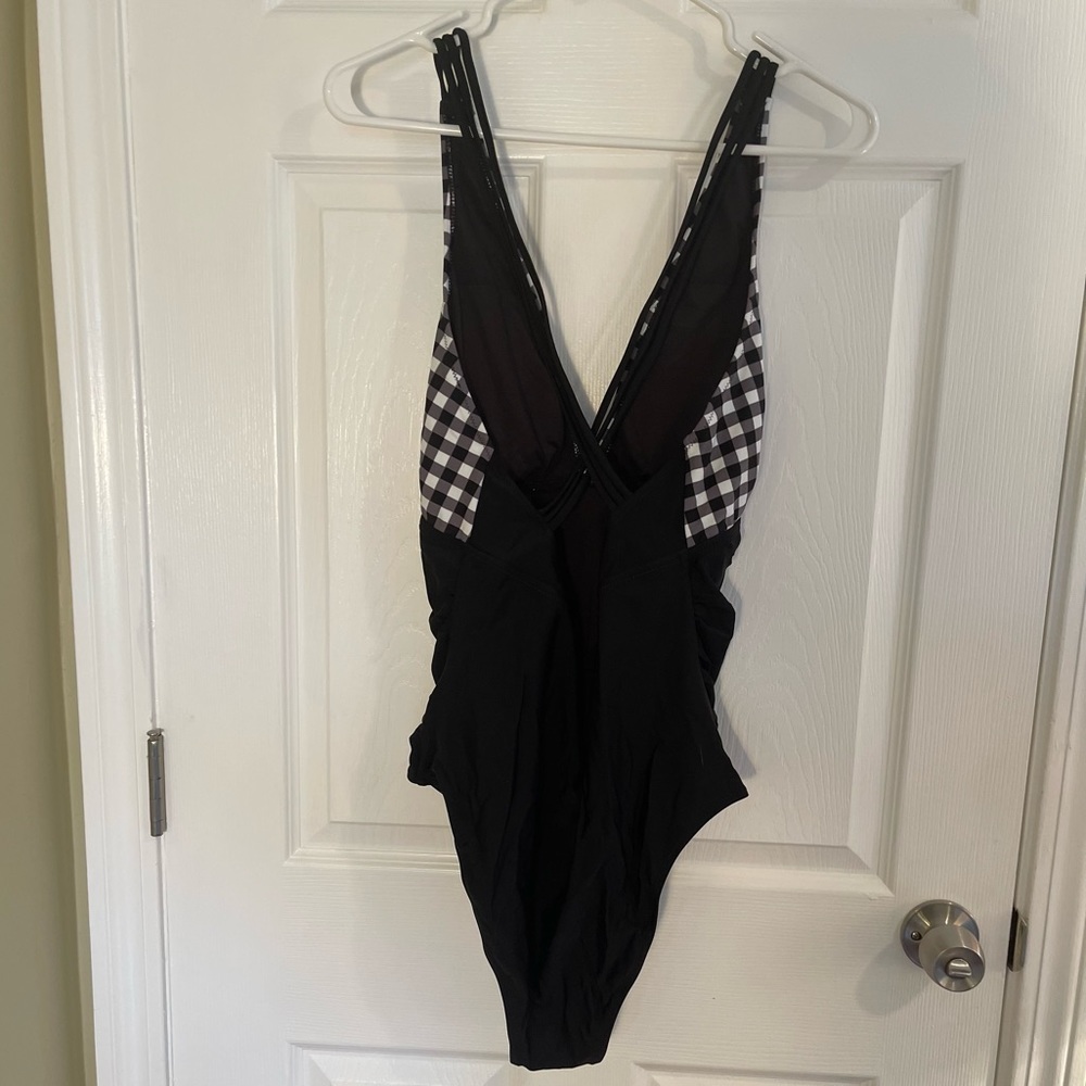 Black and White Gingham Ruched One Piece Swimsuit by Cupshe - Picture 6 of 8